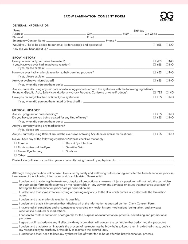 Brow Lamination Consent Form - 25 Per Quantity