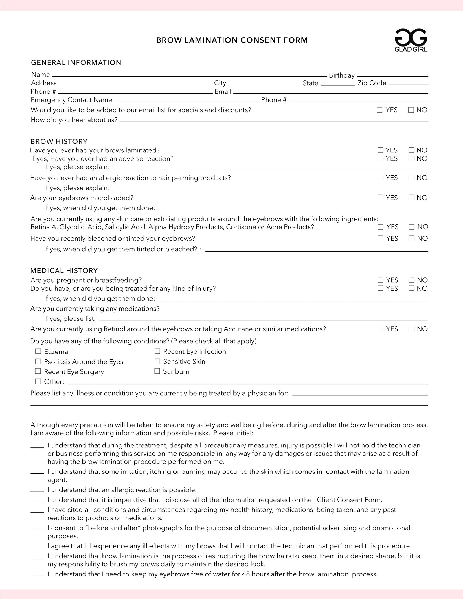 Brow Lamination Consent Form - 25 Per Quantity