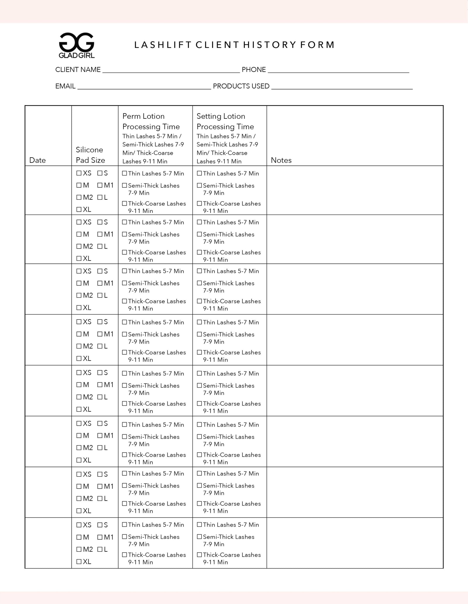 Downloadable LashLift Client History Form