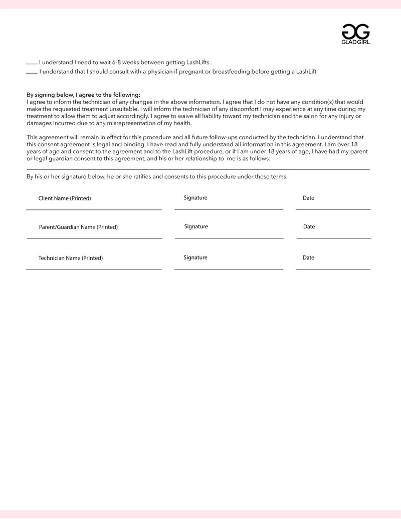 LashLift Consent Form - 25 Per Quantity
